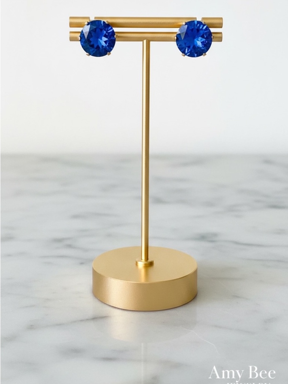 18k Gold-Plated Royal Blue Sapphire CZ Stud Earrings. New.